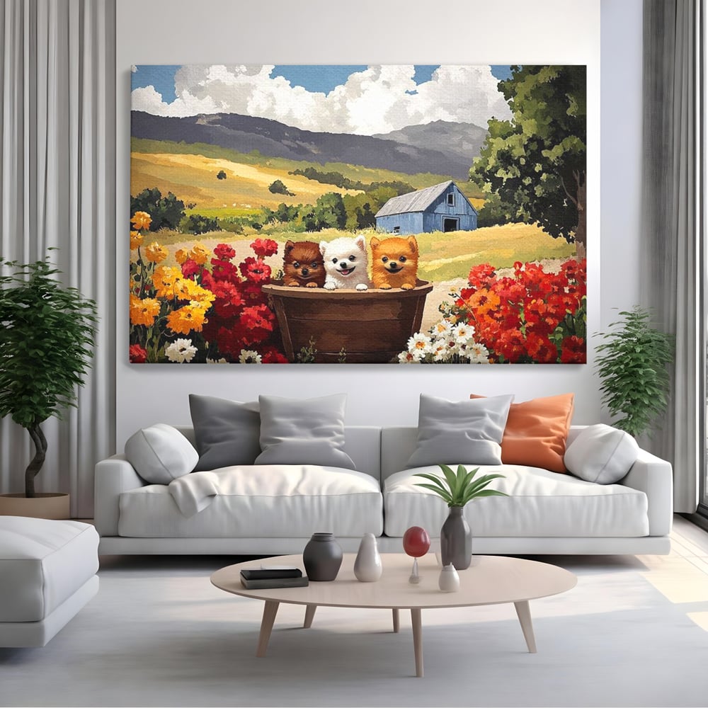 Tablou canvas cu pictura cu trei catelusi in butoi, fara rama, pe sasiu de lemn, pe perete intr-un living